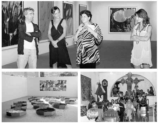 In alto, Mariella Bettineschi (al centro) con Cristina e Mariella Radici e Filippo Servalli, durante la presentazione di «Octabins» (nella foto sopra, a sinistra), nella sede di Radici Partecipazioni. A destra, il concerto di «Arteventi» nel Museo della basilica di Gandino