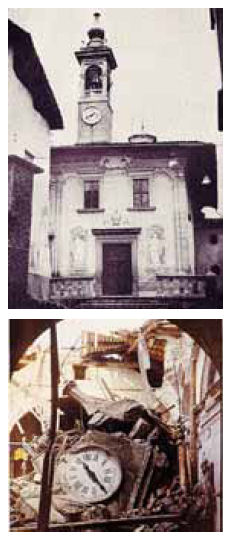 Sopra, la chiesa di Cirano come appariva prima del crollo del 1968. Sotto, le macerie del campanile