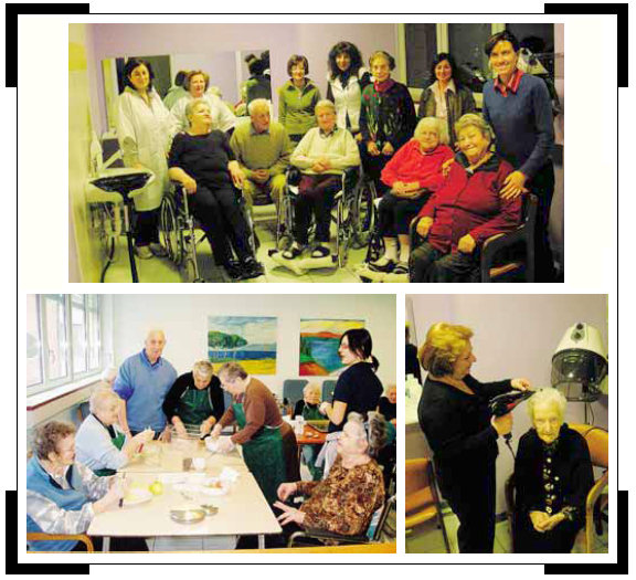 Dall'alto, alcuni ospiti della casa di riposo di Gandino nel nuovo salone acconciature allestito per loro e «gestito» da un gruppo di parrucchiere che prestano la loro opera gratis, nel giorno di chiusura dei loro negozi; sotto, una signora al casco; il corso di cucina proposto dal Servizio animazione: fra i manicaretti ci sono in primo piano i dolci, preparati soprattutto per la «Festa dei compleanni»