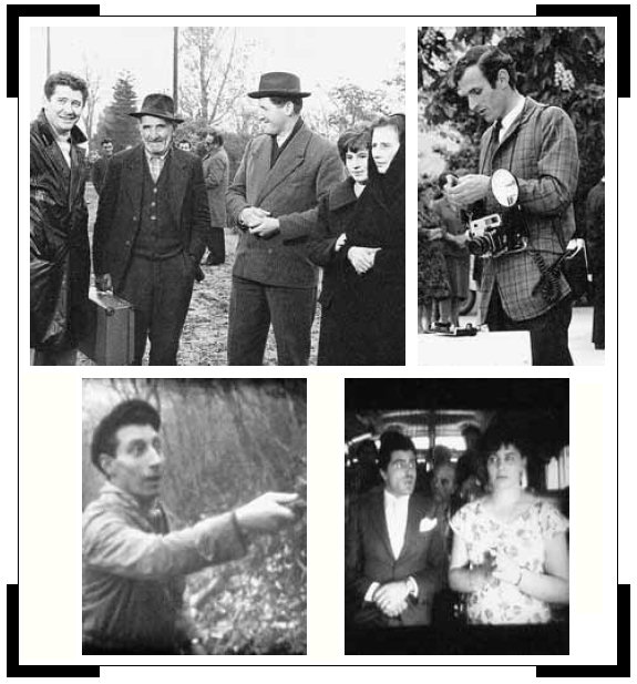 Dall’alto in senso orario,il regista Ermanno Olmi con alcuni attori del film «E venne un uomo»; il fotografo Carmelo Bonazzi al quale è dedicata la serata, in una foto degli Anni Sessanta; Carlo Giuffré con la gandinese Chiara Gualeni nel film «Bianco, rosso, giallo, rosa»; una scena da «Il boscaiolo» realizzato da Carmelo Bonazzi, Iko Colombi e Pietro Todisco