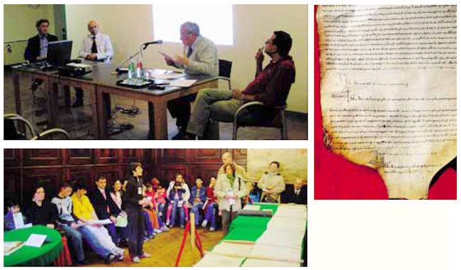 Dall’alto, in senso orario: la presentazione; l’Atto di emancipazione del Comune di Gandino, siglato il 6 luglio del 1233 e conservato nell’archivio storico comunale; una pergamena lunga oltre sei metri; una visita guidata nel salone della Valle, dove è custodito l’atto