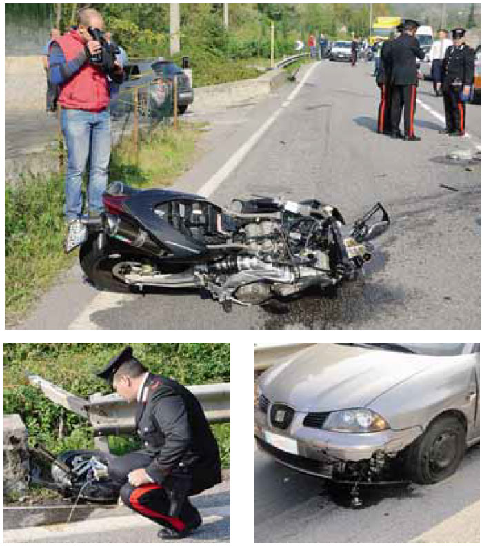 Alcune immagini del tragico incidente di ieri a Casnigo, in cui ha perso la vita Franco Spampatti, autotrasportatore di 54 anni residente a Leffe. Dall’alto, la sua moto e l’auto che l’ha travolto
