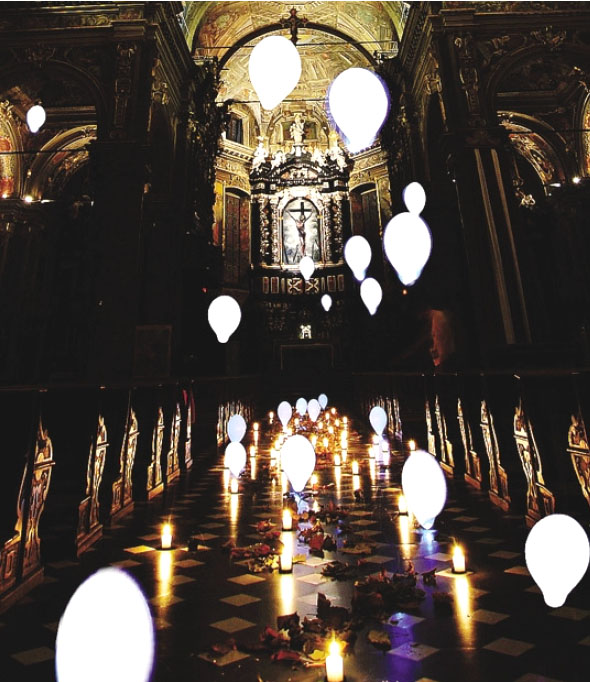 Una simulazione dell’installazione «Anime» di Parolini nella Basilica di Santa Maria Assunta a Gandino
