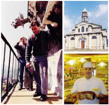 Dall’alto, in senso orario: Celestino Caccia ed Emanuele Bertocchi, che da una ventina d’anni salgono sul campanile per annunciare il Venerdì Santo (foto Rottigni); la basilica di Gandino; Paolo Imberti con la «cruca», dolce tipico della Settimana Santa, prodotto nei panifici locali.