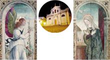 nel tondo, la basilica di Gandino, e a lato due particolari delle ante lignee del ’500 che compongono l’Annunciazione, conservate nel Museo della basilica