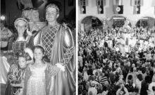 Katia e Massimo Sangalli con i figli Enrica e Daniele, in costume; A destra, la monumentale torta offerta in piazza