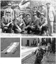 Da sinistra in piedi, Giovanni Giovanelli, Battista Torri, Antonio Campana, Ponziano Nodari, Andrea Bertocchi. Accosciati, Giovanmaria Ongaro, Antonio Servalli, Gigino Rudelli, Giacomo Hallmayr e Felice Rudelli, nel 1953. Il grande tricolore alla Capanna Ilaria sul Farno e durante la recente adunata sezionale a Brembilla (foto www.valbrembanaweb.com)