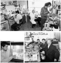 Dall’alto, in senso orario: Riccardo Zanga con i figli Alessandro e Roberto nel laboratorio di oreficeria di Gromo; Dante, ora scomparso, che avviò l’attività di orologiaio cinquant’anni fa, qui con i figli Riccardo e Maurizio, che ha la sua attività a Villa d’Ogna; il nipote Alessandro con le sue creazioni in ambra