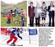 Dall’alto a sinistra in senso orario, Bepi Anesa sulla piana della Montagnina, a Gandino, durante un’esposizione di elicotteri, in mountain bike con il nipote Andrea; Anesa (il primo a destra) in occasione delle premiazioni «Old Stars 2007» (da sinistra Guido Vaini, organizzatore del circuito, Angelo Brigati di Carvico e Lara Magoni, vicecampionessa mondiale di slalom); Bepi in azione sulle nevi dell’Aprica nel 2007
