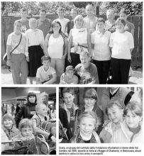 Sopra, un gruppo del comitato della Fondazione «Aiutiamoli a vivere» della Val Gandino nel 2005, durante la visita al villaggio di Chatovnia, in Bielorussia; alcuni bambini in valle e al loro arrivo in aeroporto