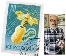 A sinistra, un francobollo della collezione del Gruppo filatelico Valgandino dedicata al tessile; Flavio Caccia, filatelico di Gandino, dove sono attive due associazioni di appassionati di francobolli e annulli postali: il Centro culturale postale gandinese e il Gruppo filatelico Valgandino