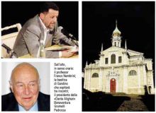 Dall’alto, in senso orario: il professor Franco Nembrini; la basilica di Gandino che ospiterà tre incontri; il presidente della «Dante Aligheri» Bonaventura Grumelli Pedrocca