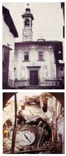 Sopra, la chiesa di Cirano come appariva prima del crollo del 1968. Sotto, le macerie del campanile