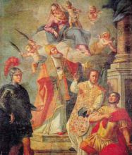 La tela dei martiri patroni di Gandino: Valentino è il secondo da destra