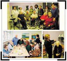 Dall'alto, alcuni ospiti della casa di riposo di Gandino nel nuovo salone acconciature allestito per loro e «gestito» da un gruppo di parrucchiere che prestano la loro opera gratis, nel giorno di chiusura dei loro negozi; sotto, una signora al casco; il corso di cucina proposto dal Servizio animazione: fra i manicaretti ci sono in primo piano i dolci, preparati soprattutto per la «Festa dei compleanni»