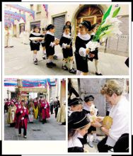 Dall’alto: i paggetti alla tradizionale processione del CorpusDomini; i piccoli con Anna Bombardieri, che segue la cura degli abiti e le prove; la processione