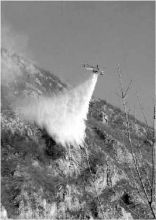 Un elicottero in azione ieri mattina sopra il monte Corno per spegnere l'incendio appiccato dai piromani (foto Fronzi)